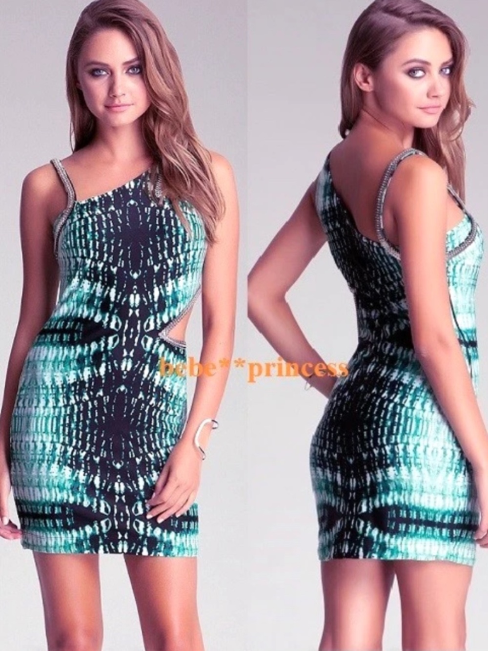 New bebe green print silver stud sequin side embellished top dress L large